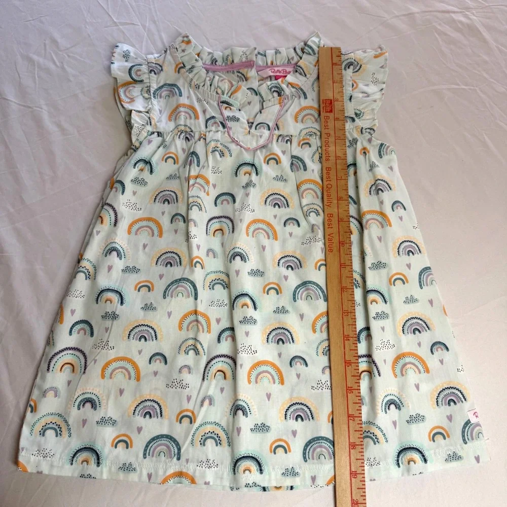RuffleButts Girls Rainbow Print Dress Size 8 Ruffle Sleeve Cotton Pastel Spring